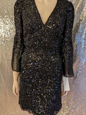 NWT French Connection Black Sequin Mini Dress - Bell Sleeve - Size 10